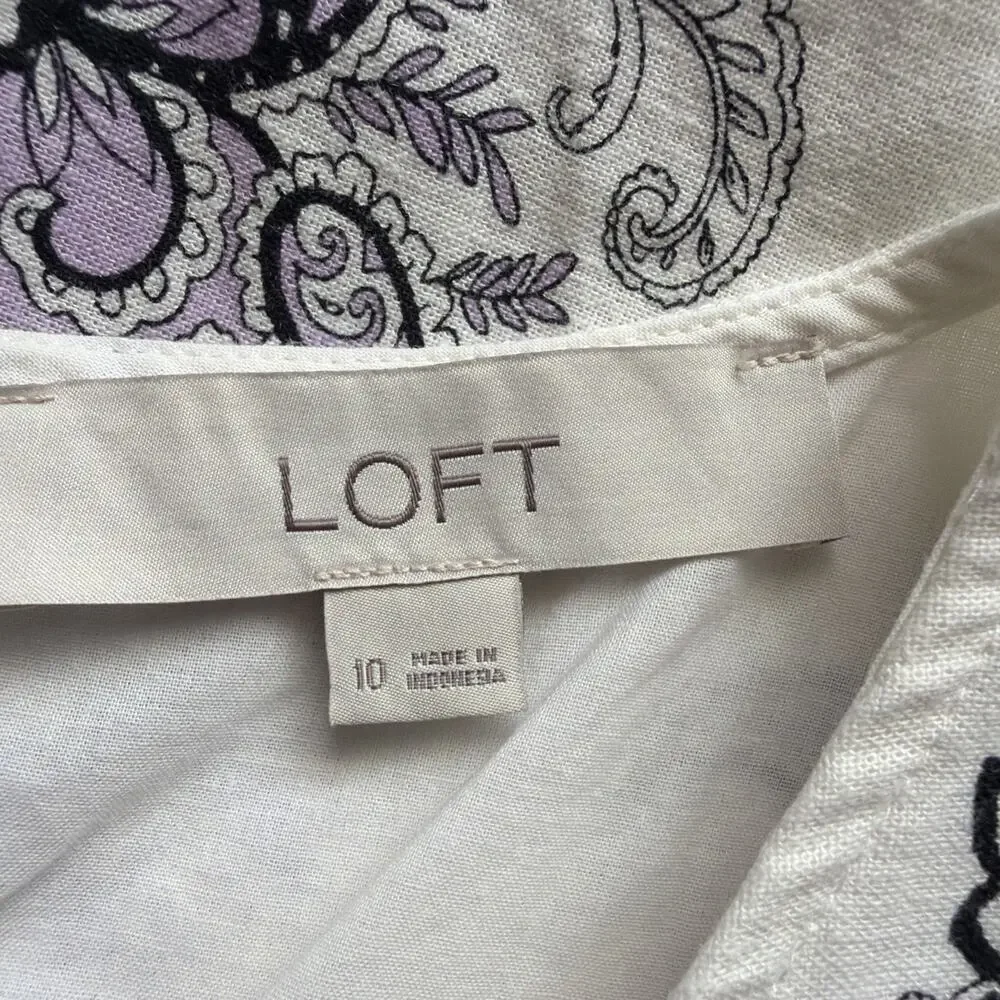 Loft Linen Blend Sleeveless Dress Womens Size 10 Cream Purple Lace Trim Paisley